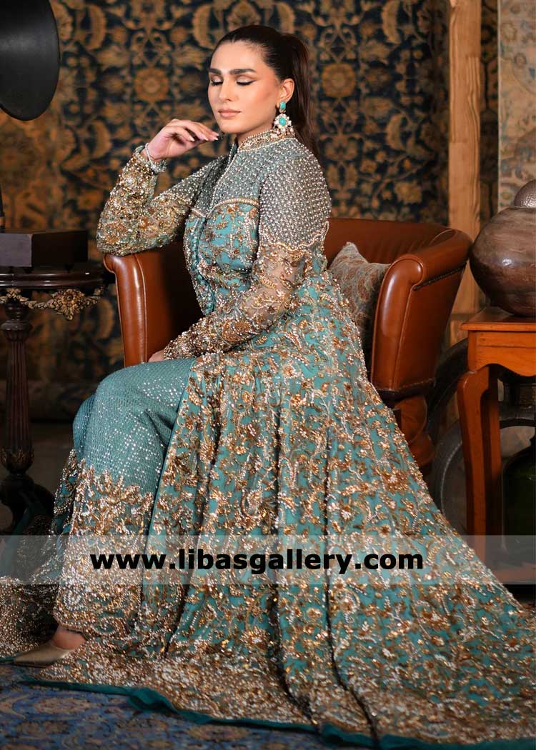 Bridal Gown with gold heavy hand embellishment Tiffany blue for Father Princess Royal and Grand Wedding UK USA Canada Dubai Australia